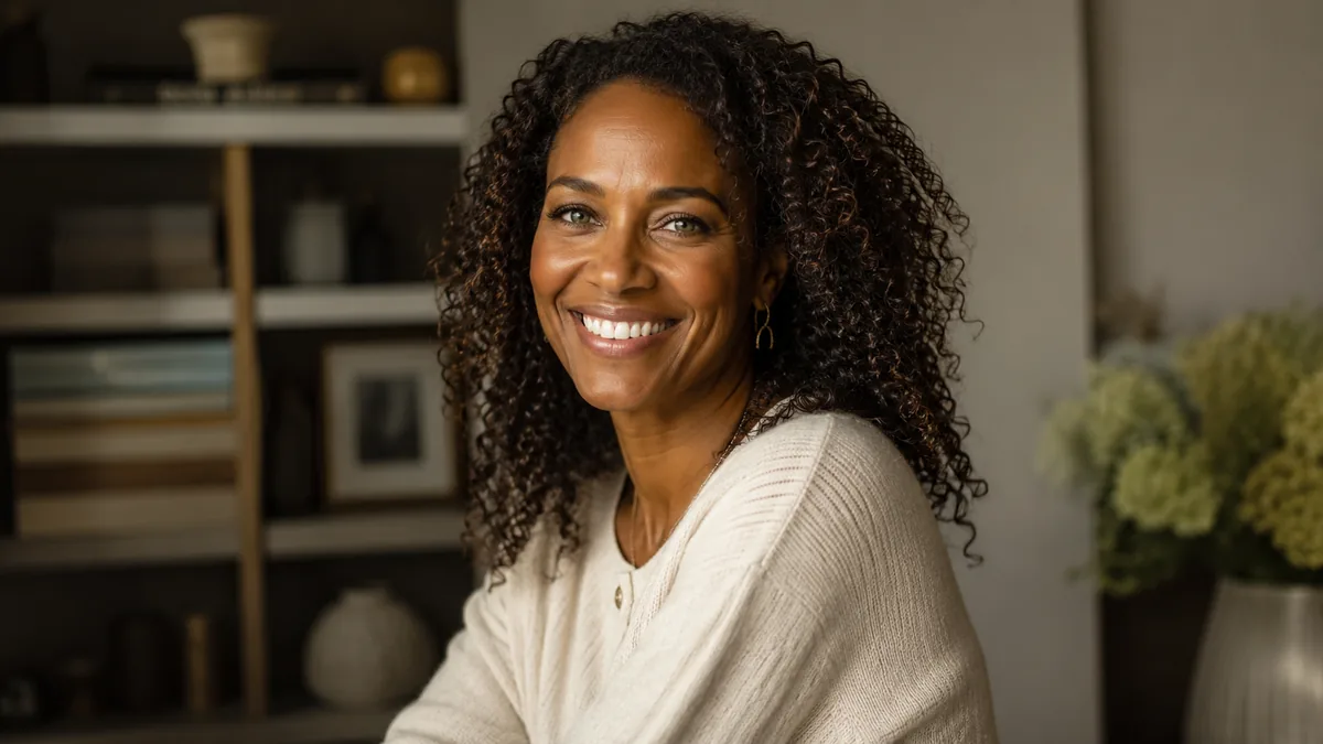 Lady Sancha ZANE smiling in a warmly lit room