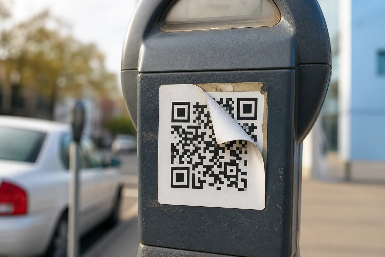 A parking meter with a QR-code sticker peeling to reveal a second sticker underneath.