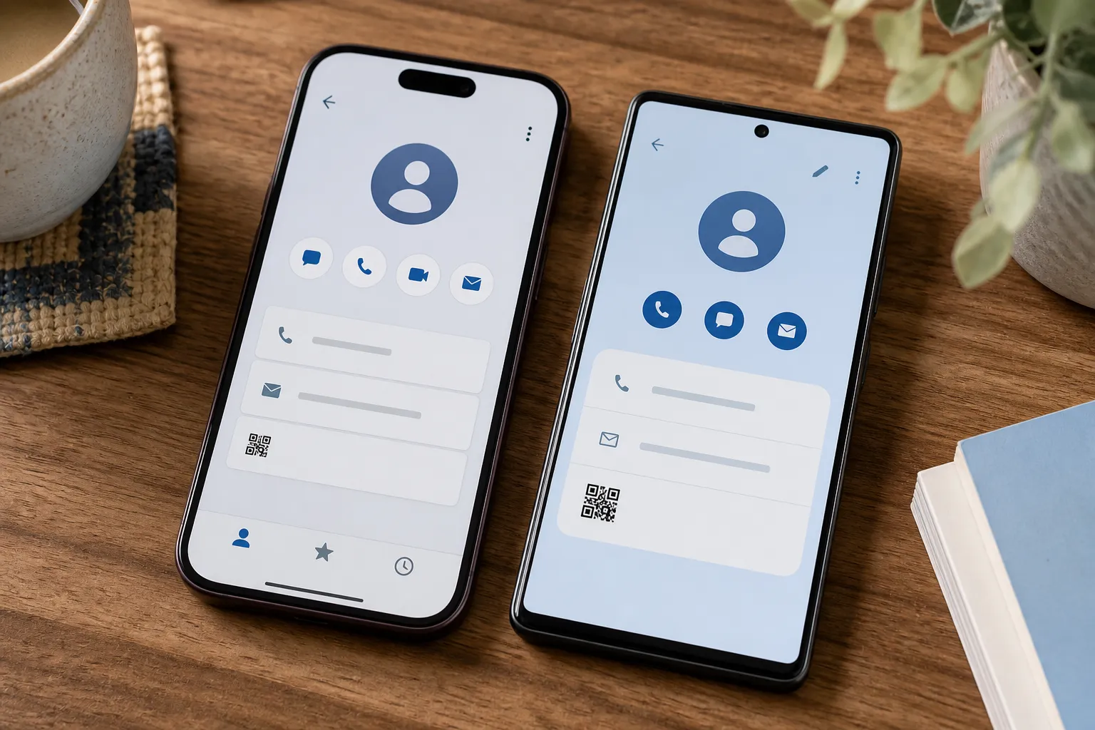 The same contact imported and displayed on two generic phone interfaces, with name, phone, and email fields correctly separated.