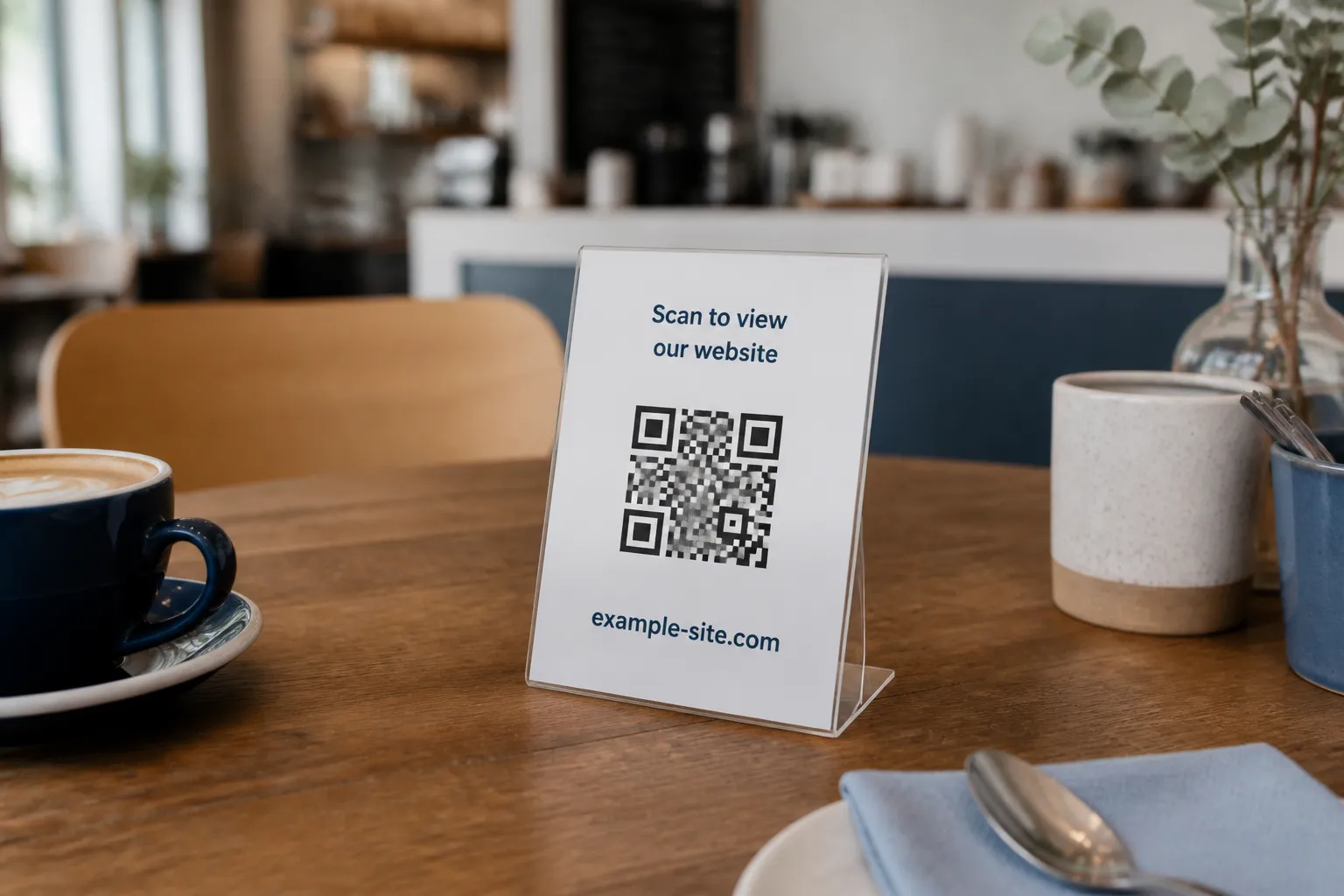 A small tabletop sign printed with a QR code linking to a website.