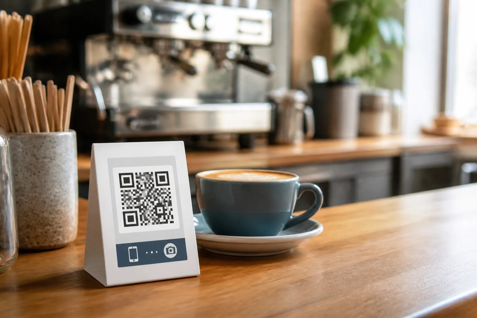 A small printed Wi-Fi QR card resting on a café counter beside a coffee cup in soft daylight.