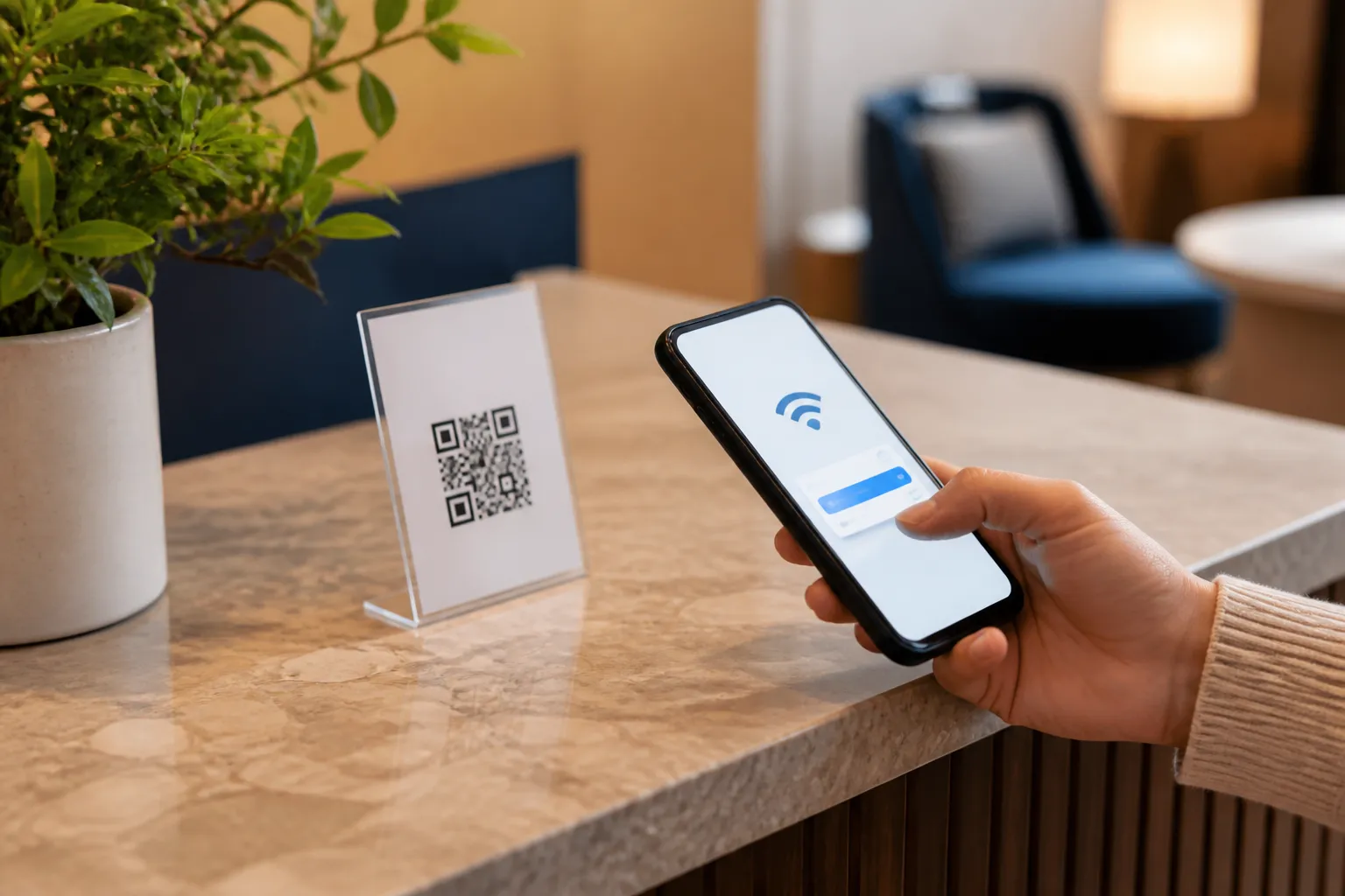 A person scanning a printed Wi-Fi QR card with an unfamiliar phone to confirm the network connects.