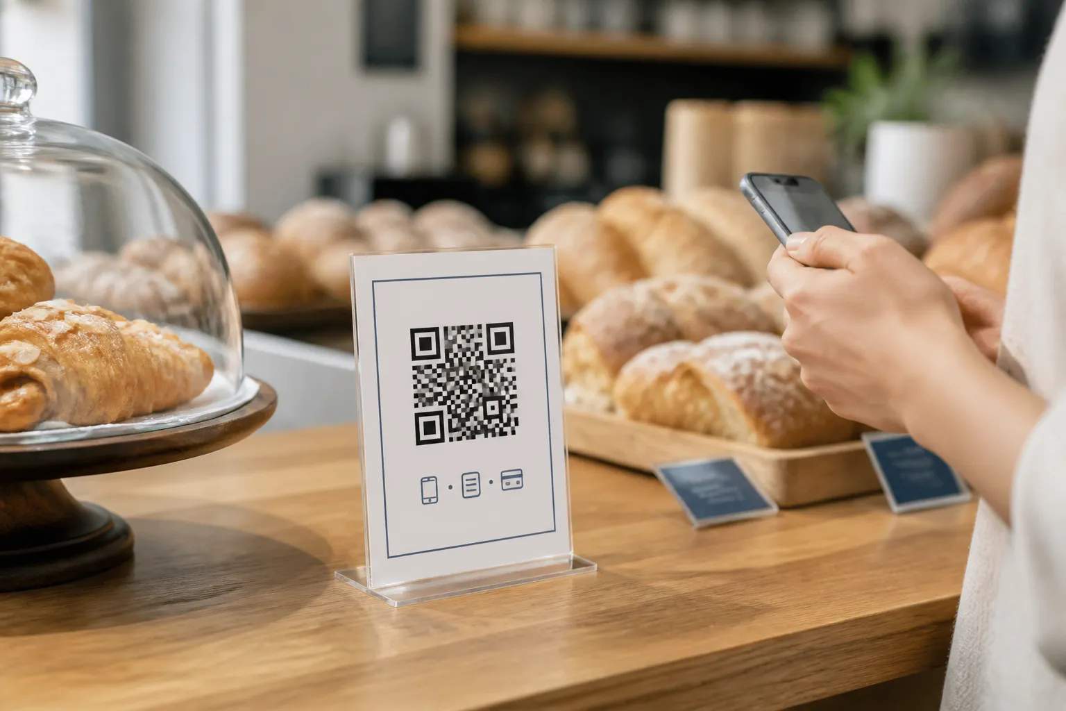 A small tabletop QR sign on a bakery counter with a printed line of text beneath the code.