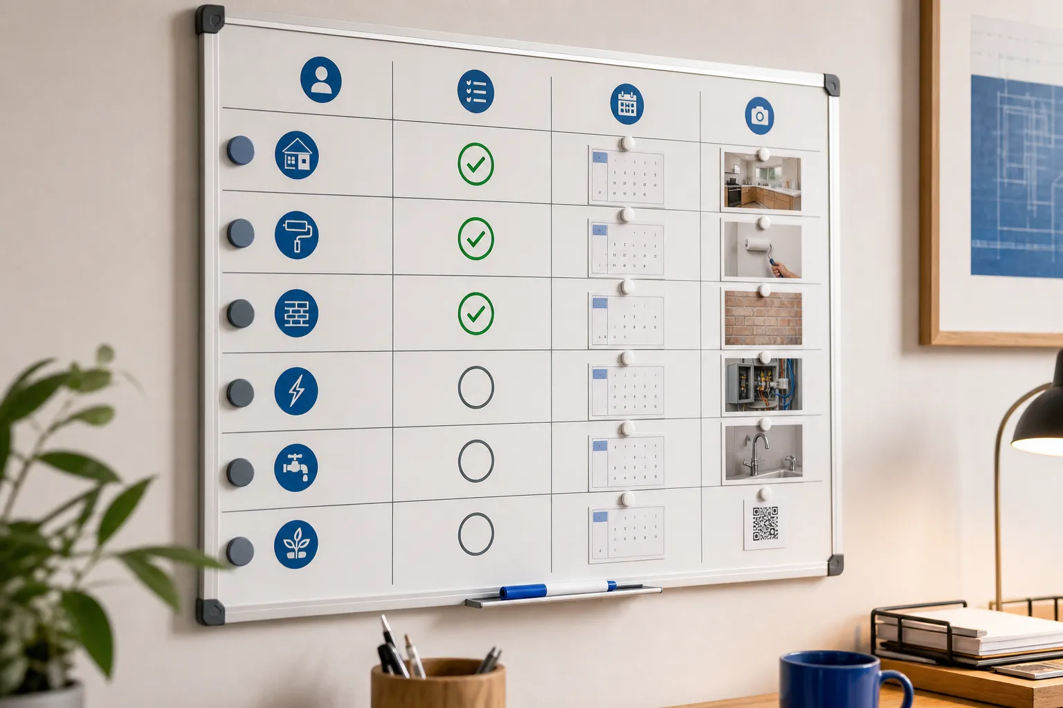A printed launch-gate board on a wall with columns for owner, status, date, and proof, several rows ticked off.