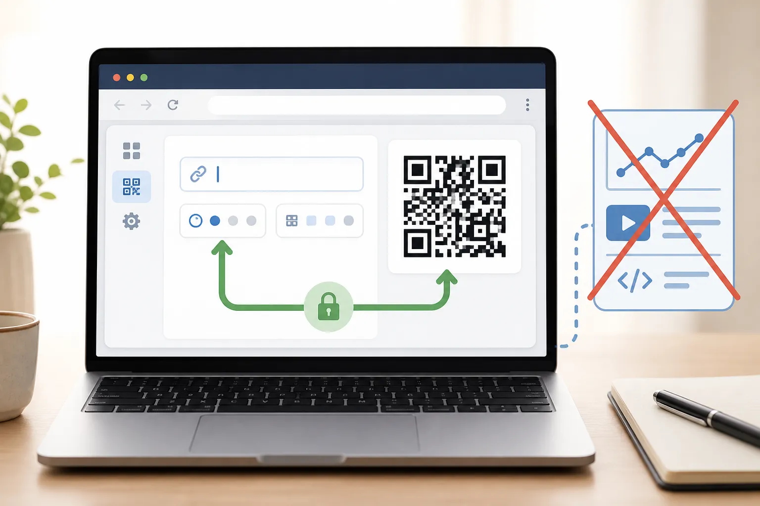 A browser window with a QR generator inside, an arrow showing the input staying on the device while a session-replay and analytics script is crossed out.