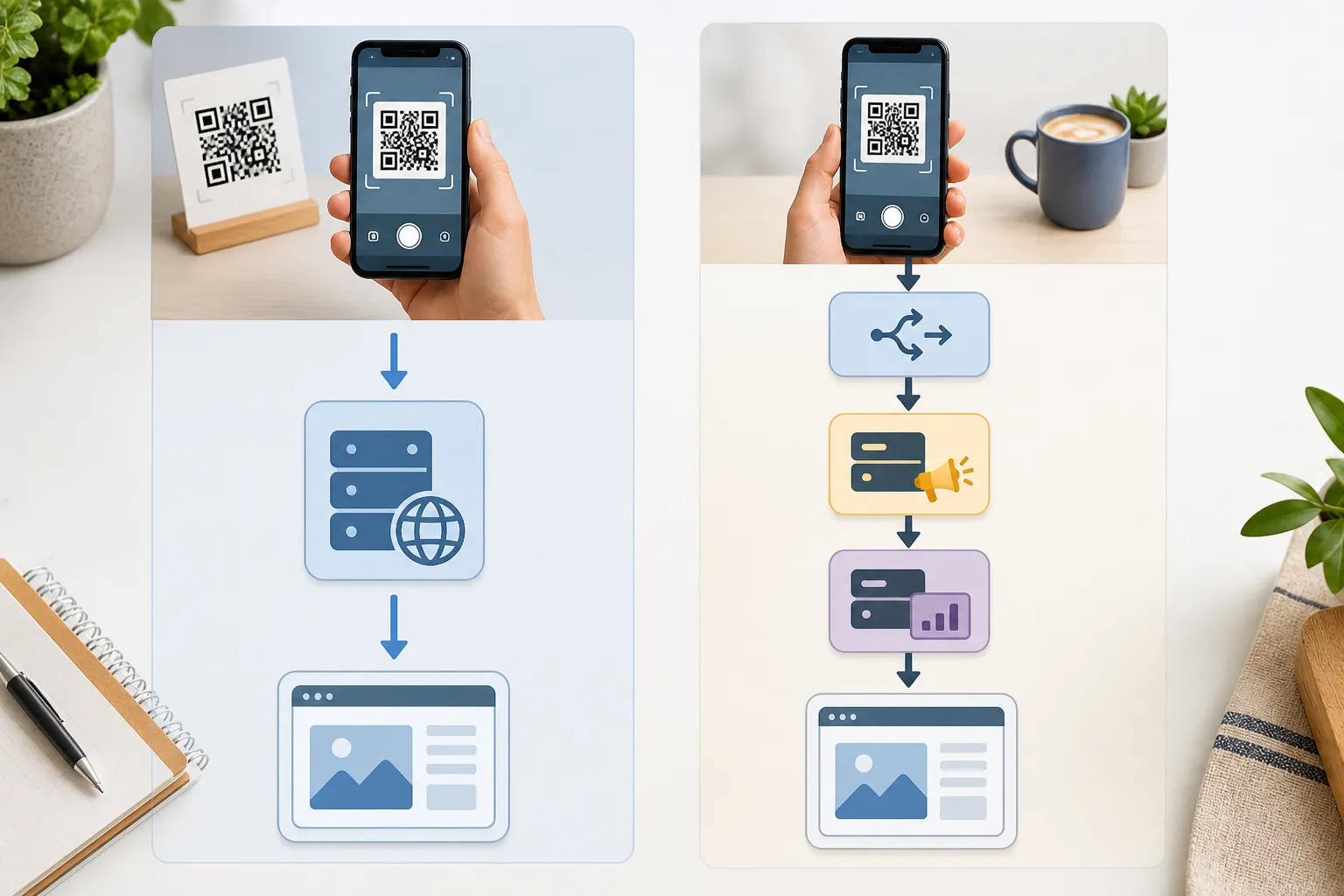 Two side-by-side data-flow diagrams: a direct owned link with one hop, and a longer chain adding a redirect and advertising processors.