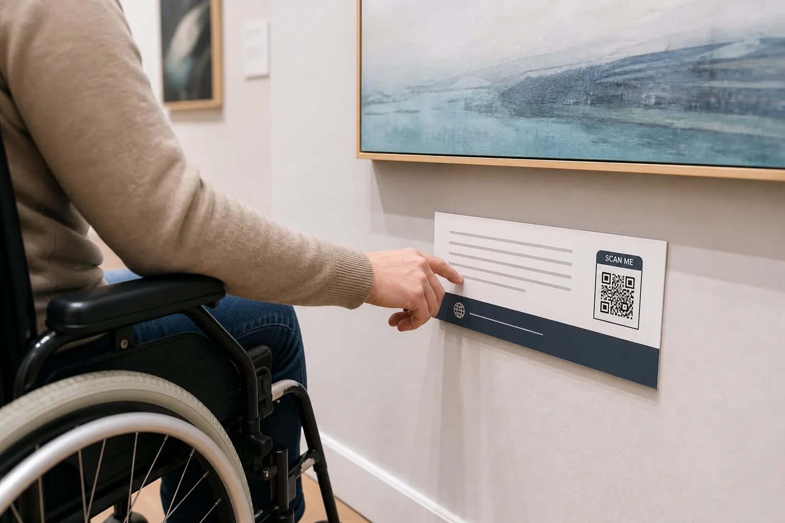 A museum wall label with a short description, a printed URL, and a QR code within easy standing reach.