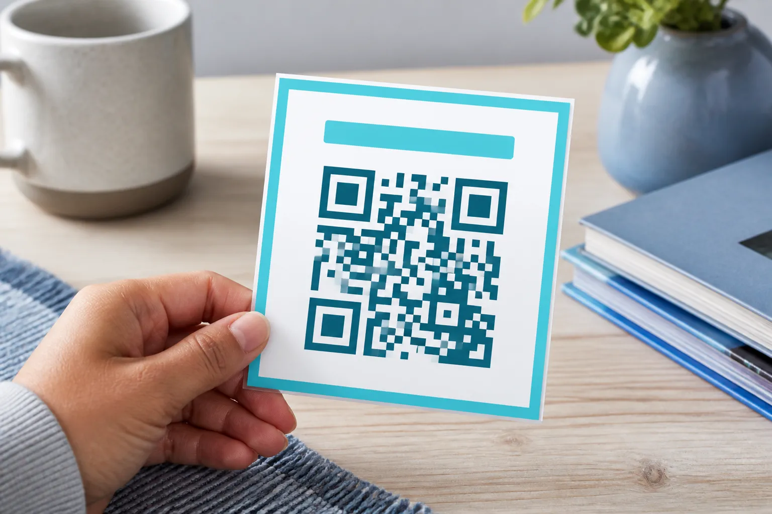 A finished card using deep teal QR modules with bright turquoise reserved for the heading and outer border.