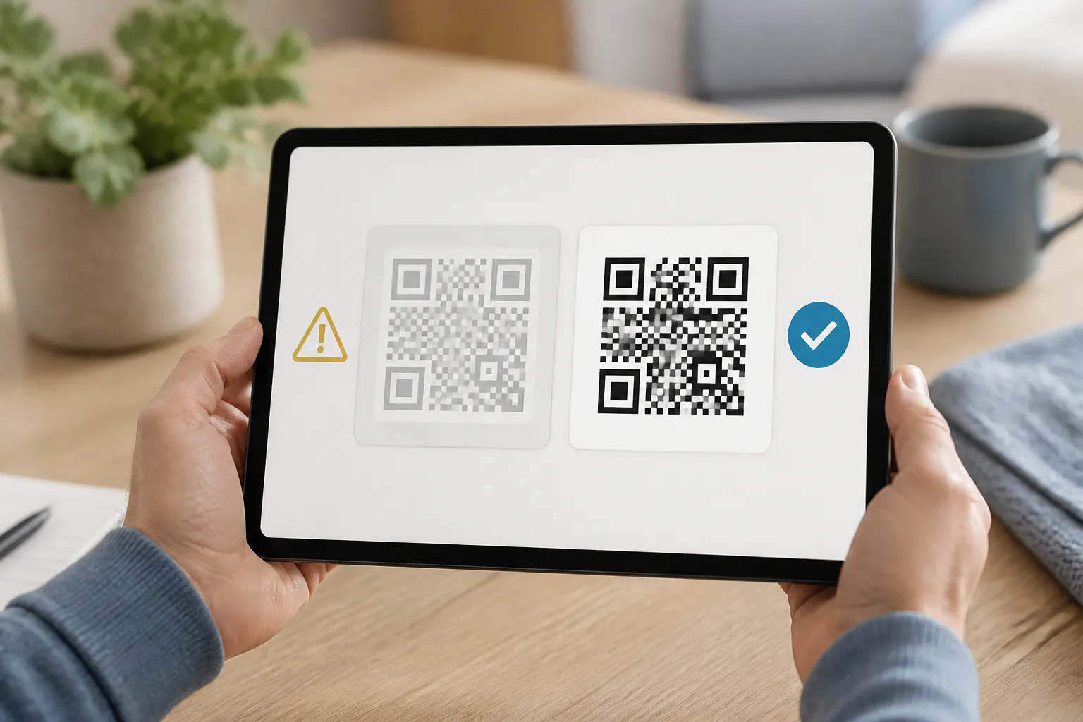 Two color pairs side by side, one flagged with a low-contrast warning and one passing, each shown as a rendered QR code.