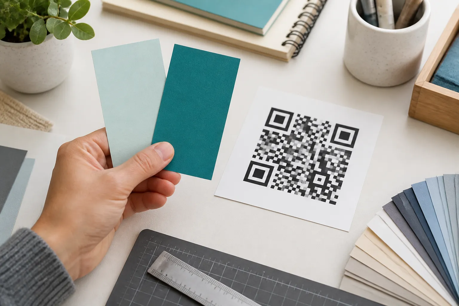 A designer holding brand color swatches beside a printed QR code, comparing a pale shade with a deeper one.