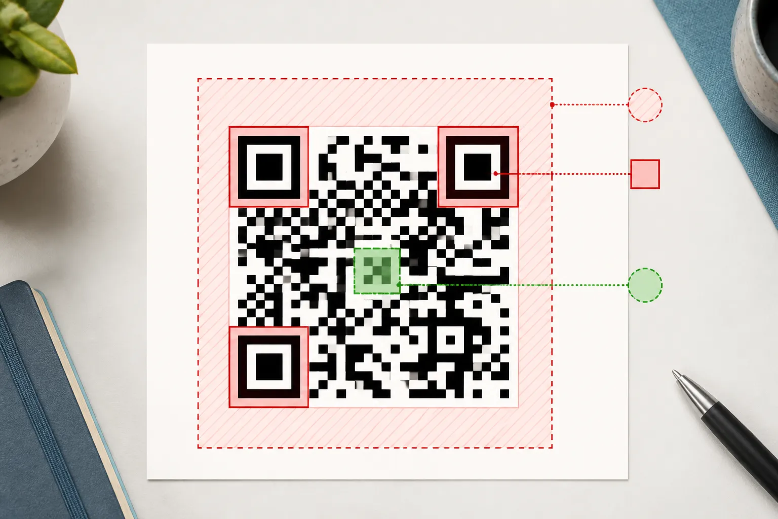A QR diagram highlighting the corner finder squares and quiet zone as no-go areas for a logo.