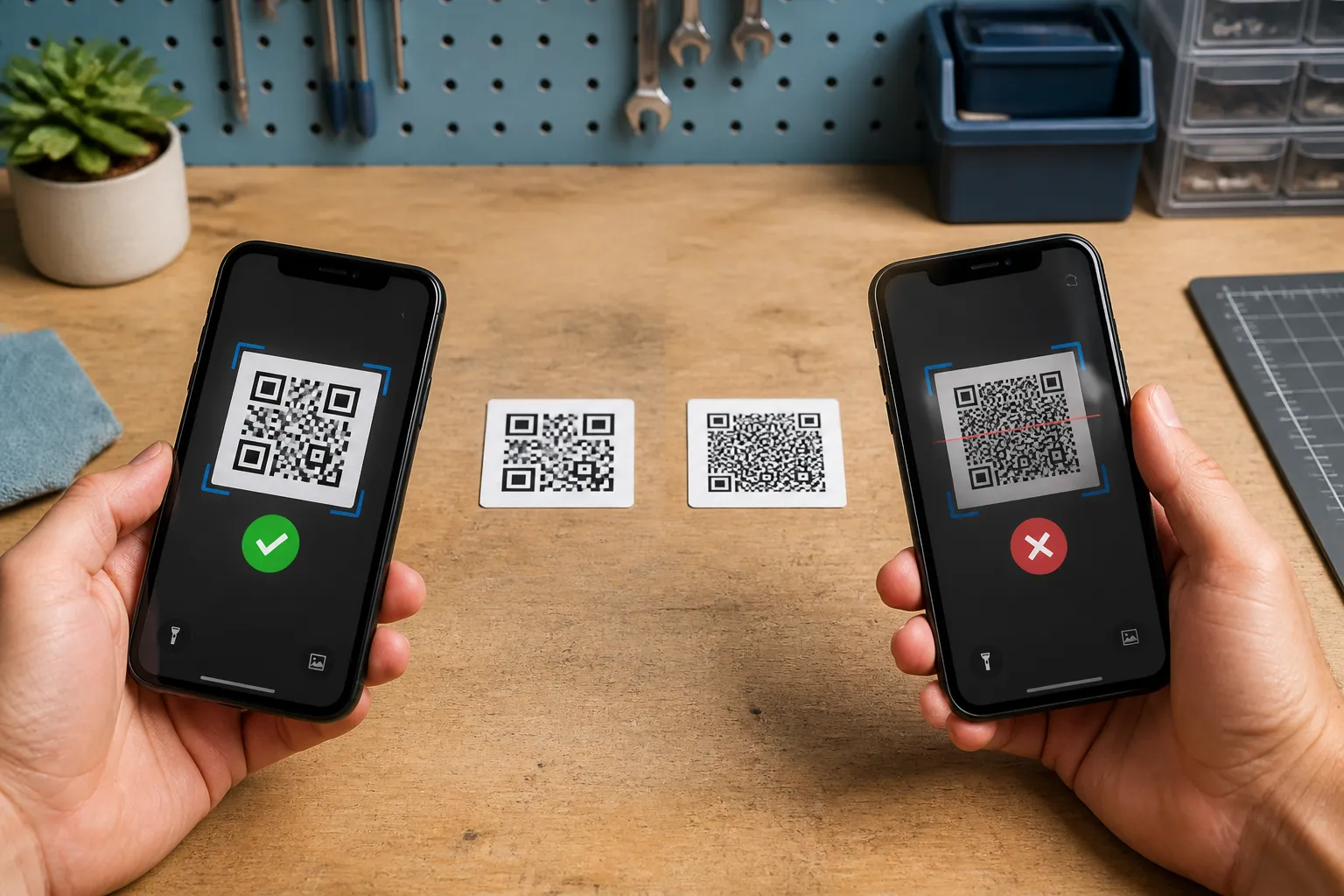 A workshop bench comparing a level M label that scans against a denser level H label that fails at the same tiny size.