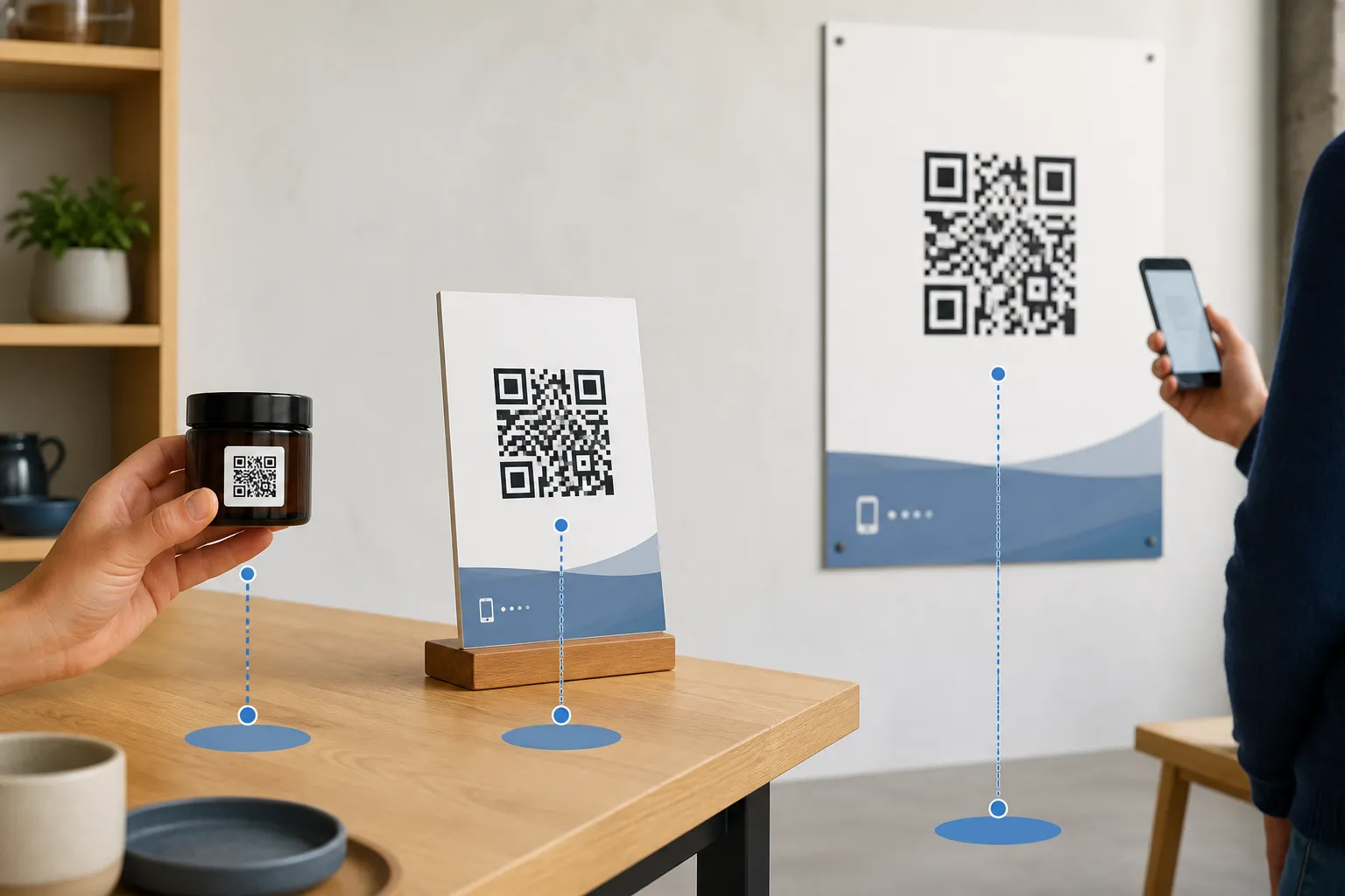 The same QR code shown on a product label, a tabletop sign, and a wall poster, each with its scanning distance marked.