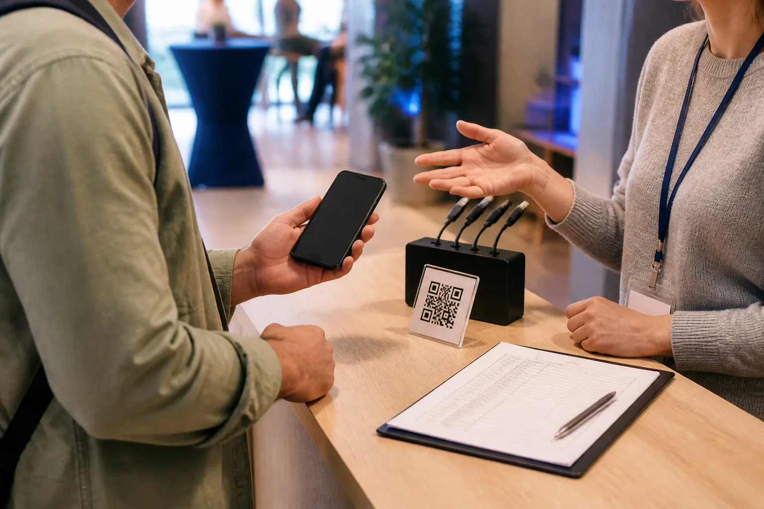 A check-in desk showing exception handling: a charging point, a printed name-lookup list, and a staff member helping an attendee with a dim phone screen.