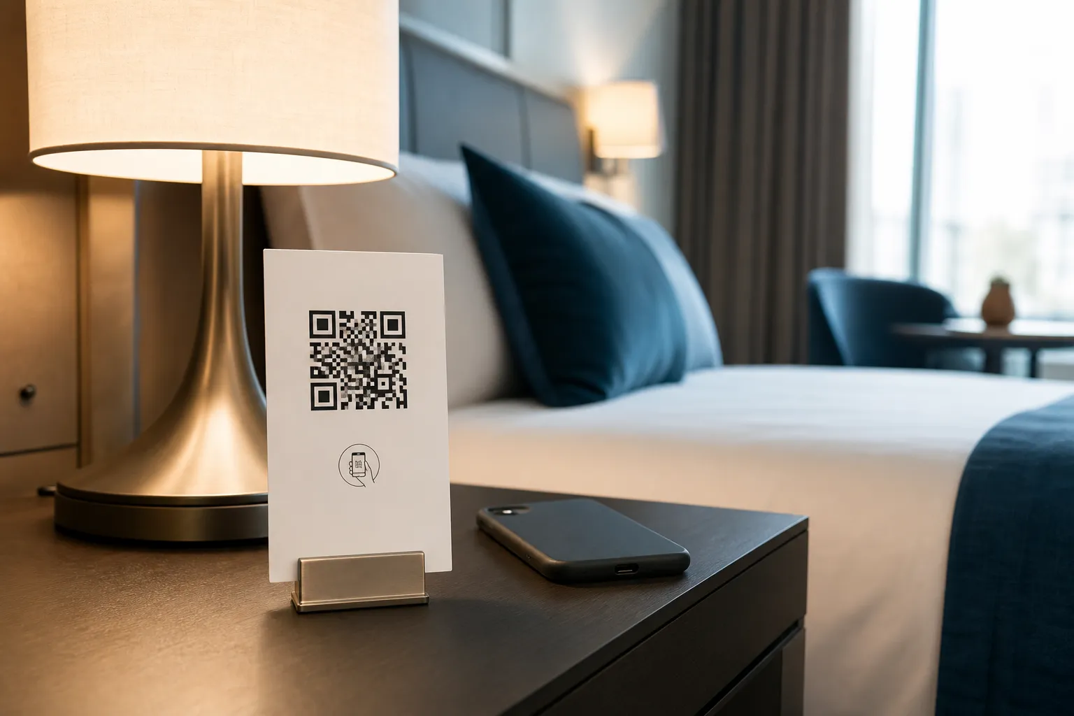 A hotel bedside card printed with a QR code for guest information.