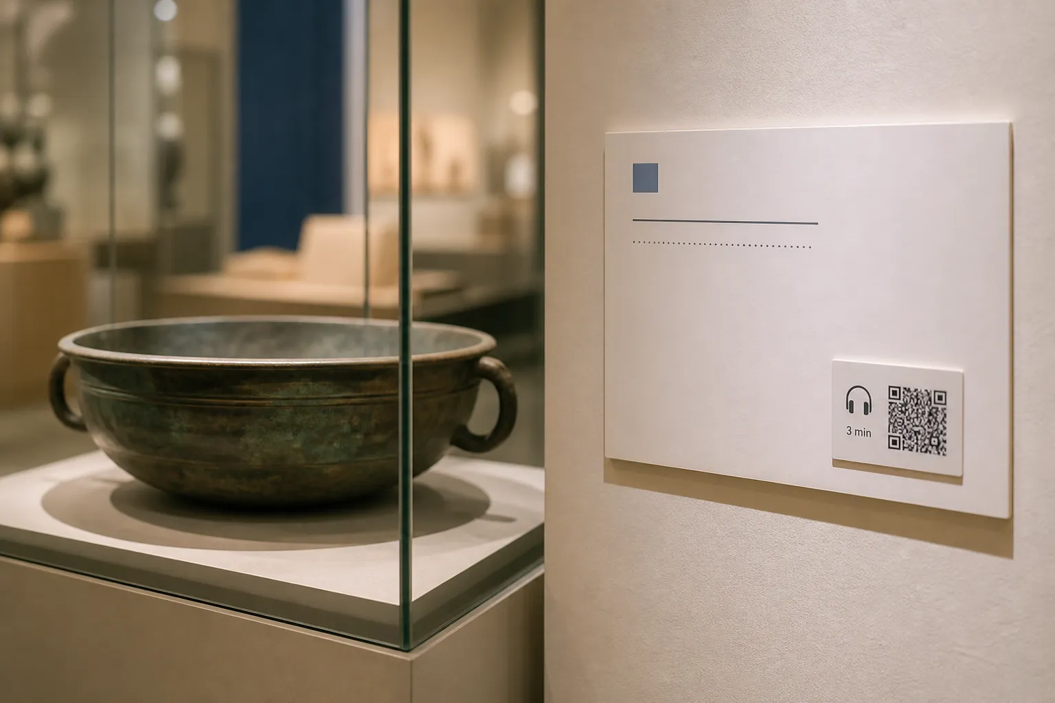A museum exhibit label beside an artefact, with a small labelled QR code offering an optional audio description.