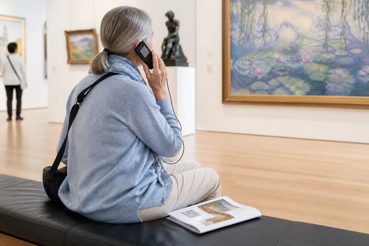 A visitor holding a museum loan device playing an audio description, with a printed large-text guide resting on the bench beside them.