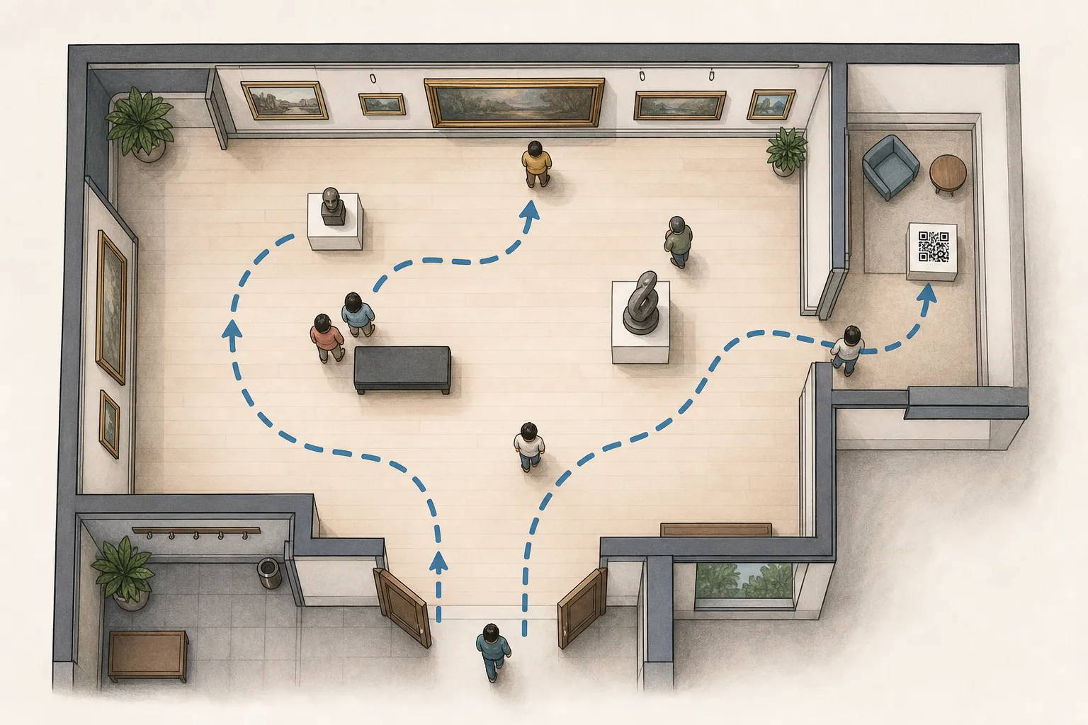 An overhead sketch of a gallery showing a QR code positioned in an alcove away from the main doorway so scanning visitors do not block circulation.