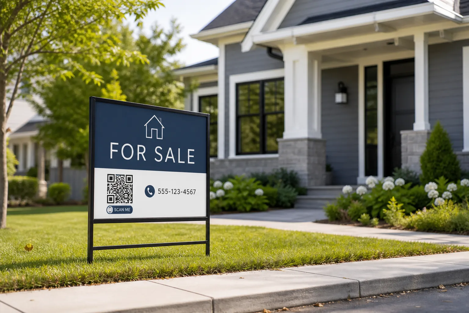 A for-sale sign on a residential lawn with a labelled QR code and agent phone number, set back from the road.
