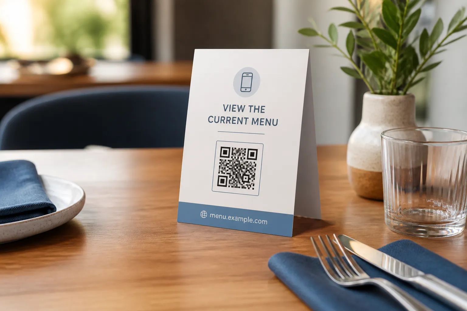A matte table card on a restaurant table with a clearly labelled QR code and the restaurant's printed web address.