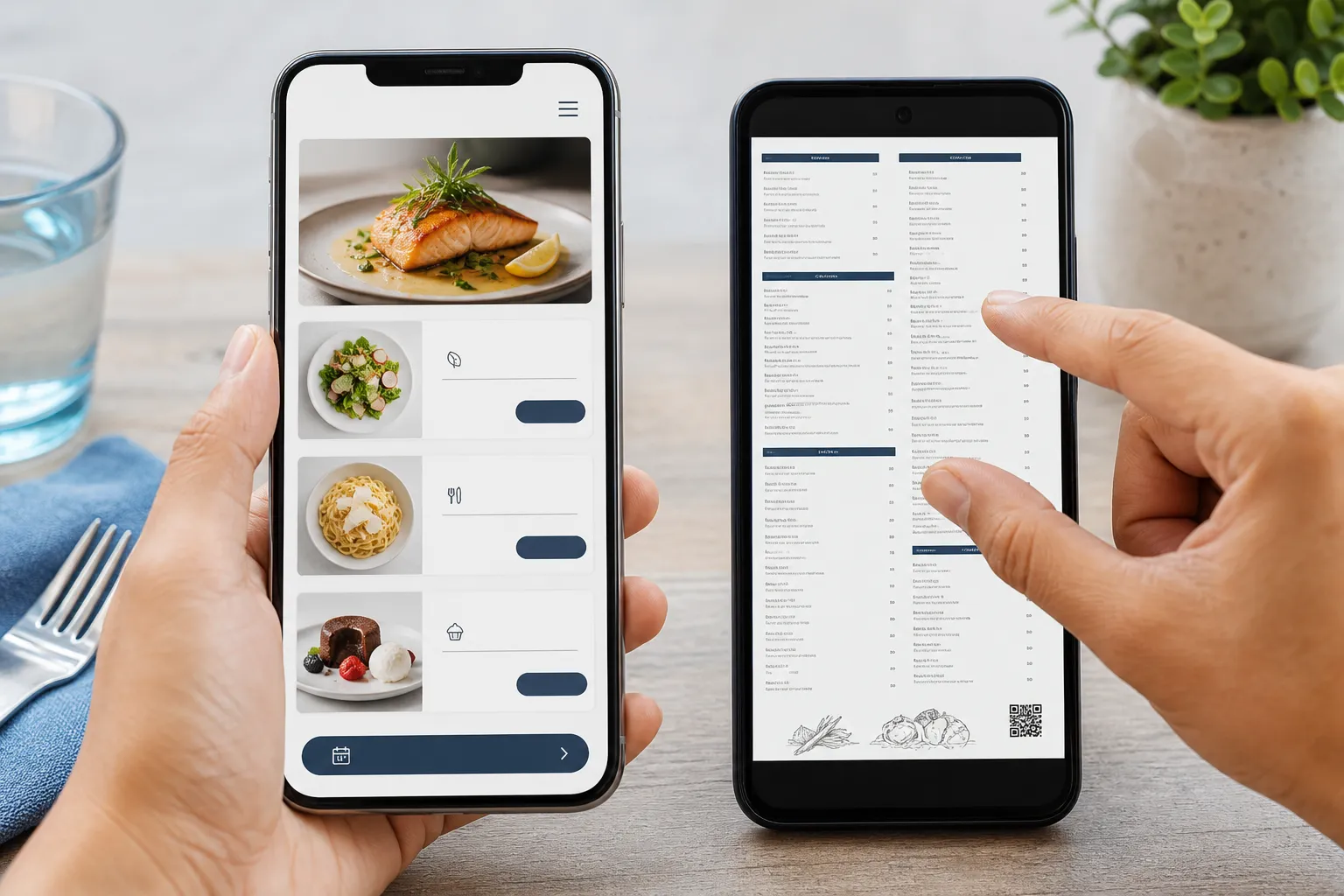 A phone showing a fast, responsive HTML menu with clear headings and large touch targets, next to a cramped PDF menu for contrast.
