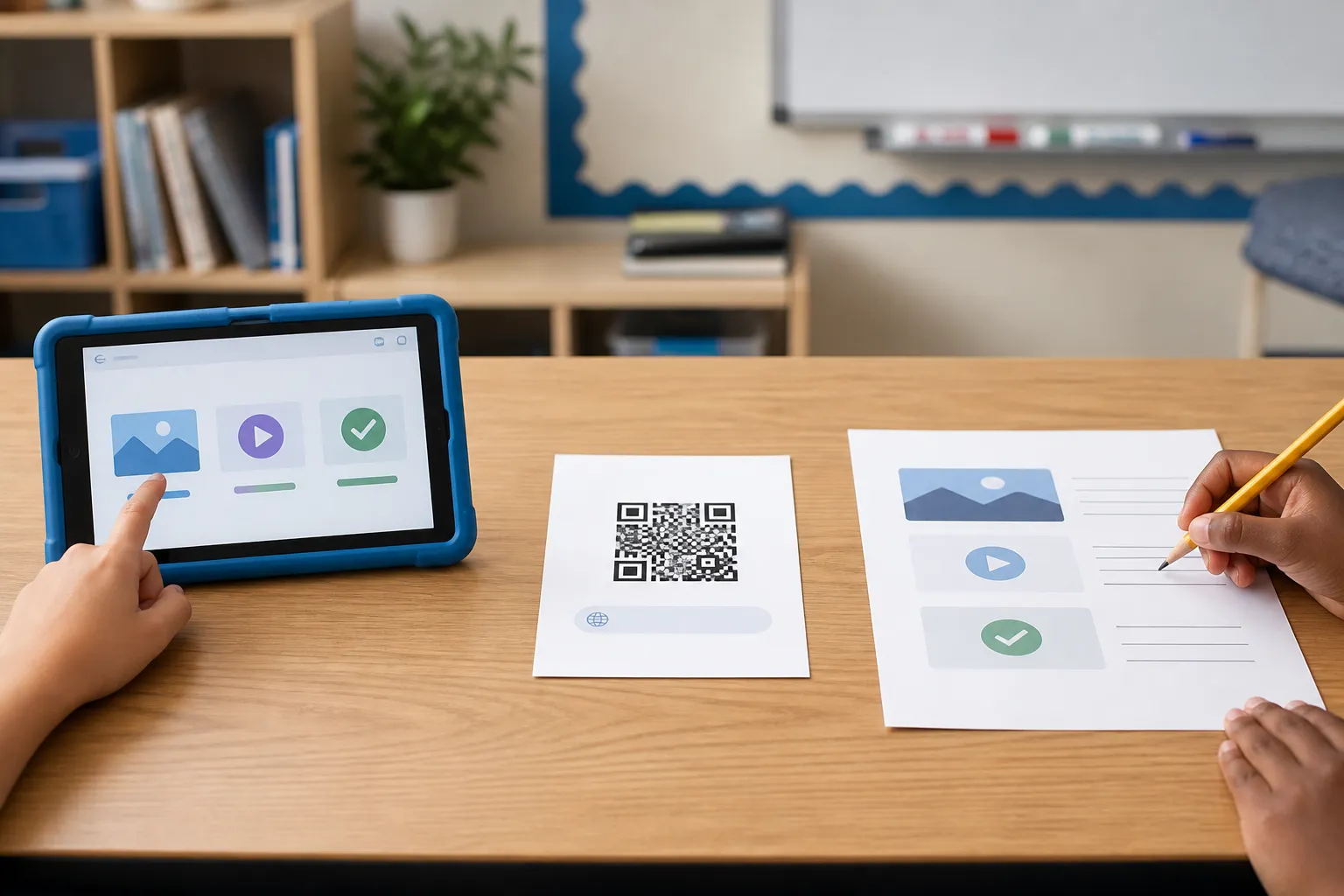 A classroom station offering three equal routes to the same task: a shared school tablet, a printed short link, and a non-digital worksheet.