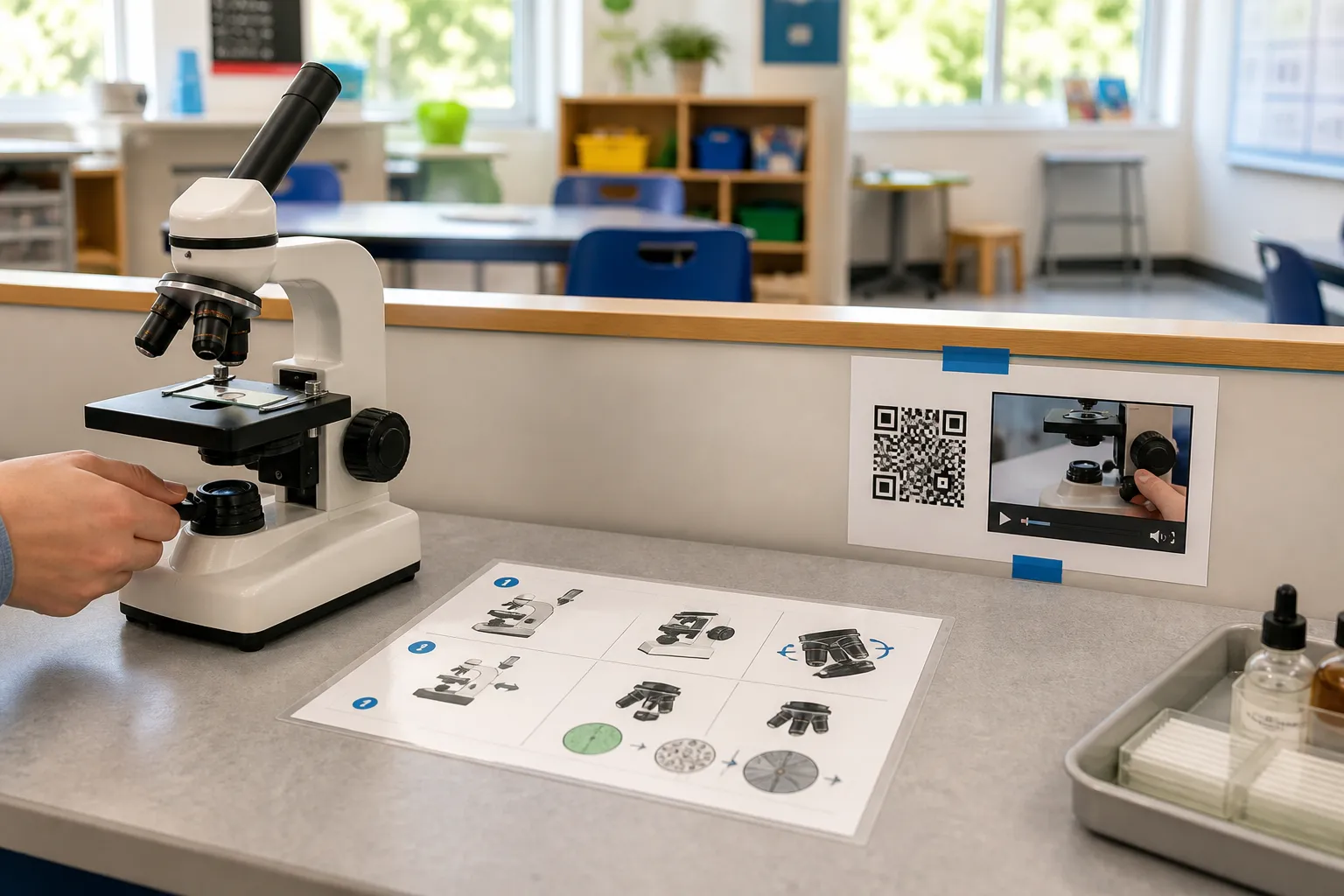 A classroom learning station with a QR code posted beside the material.