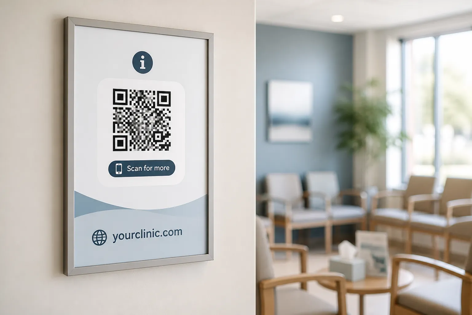A clinic waiting-room poster with a labelled QR code and the clinic's printed web address below it.