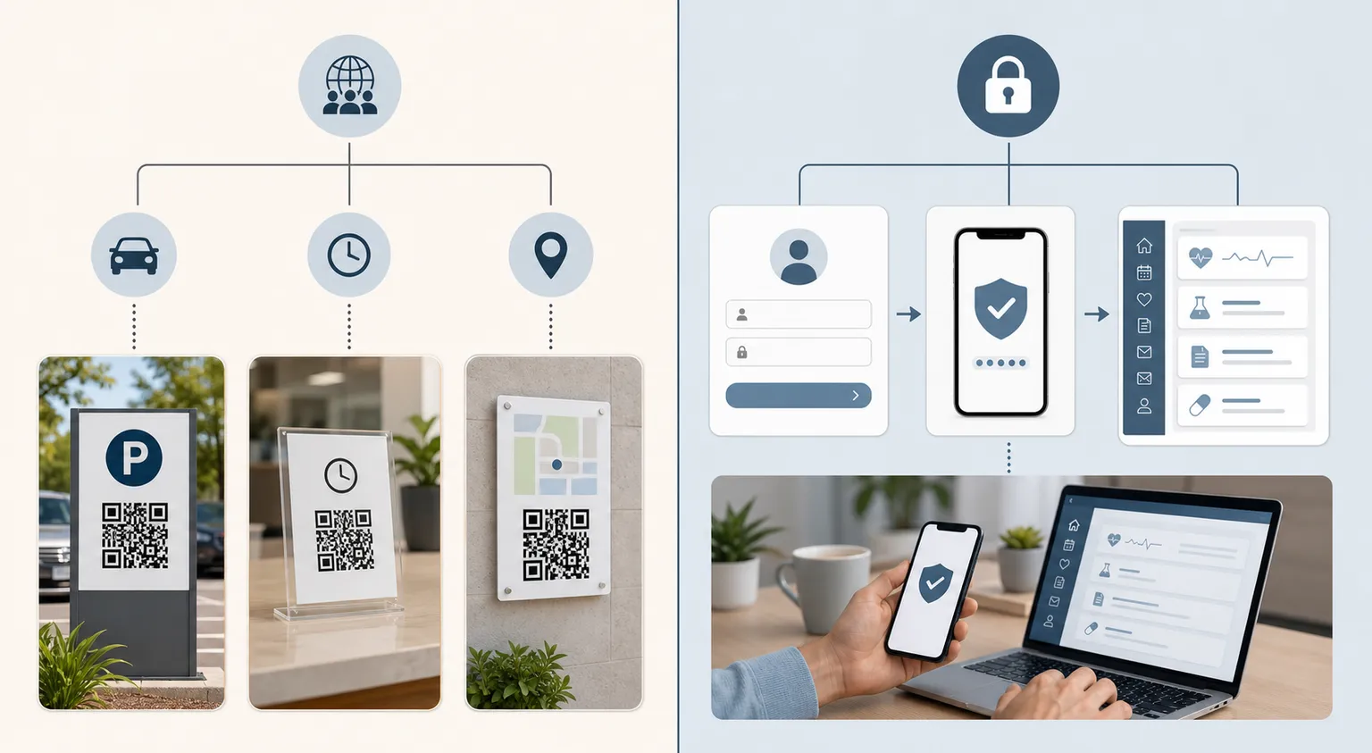 A boundary diagram separating public information QR uses on the left from authenticated patient workflows on the right.