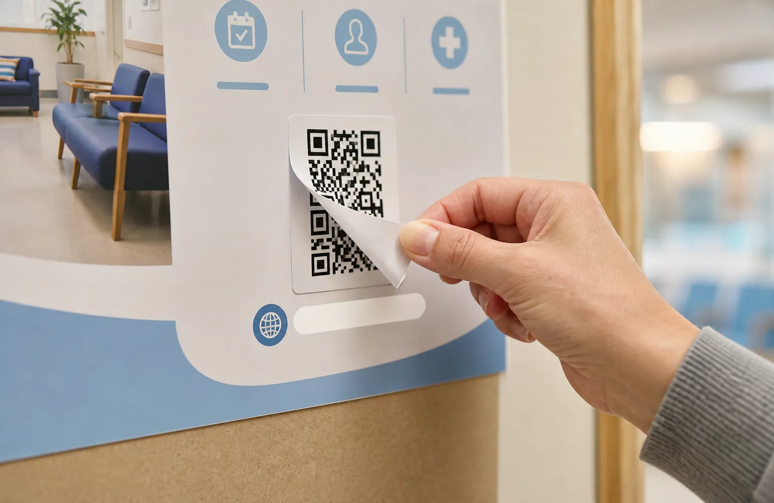 A hand peeling back a fraudulent QR sticker placed over a genuine clinic poster, with the printed clinic domain visible underneath.