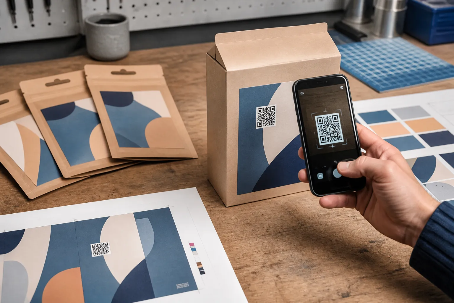 A hand scanning a filled kraft-paper carton on a print bench, with approved sample packs and artwork proofs laid out beside it.