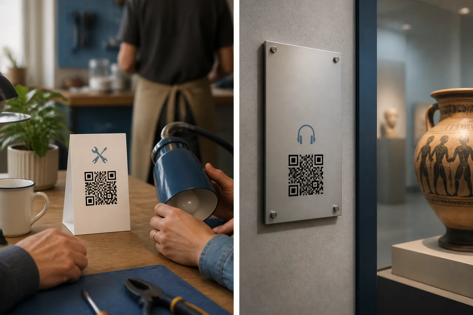 A repair café table card beside a museum exhibit plaque, illustrating a stable static link versus a controlled redirect.