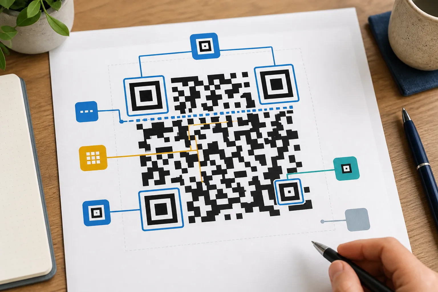 An annotated QR code diagram labeling its finder patterns and data modules.