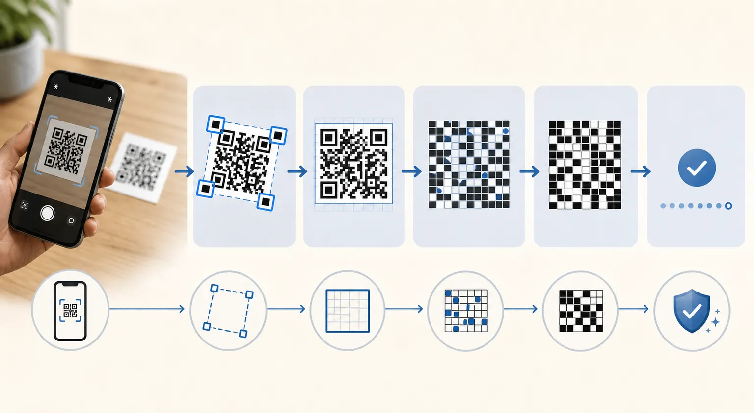 A stylised diagram of a phone scanning a code, with arrows showing detect, straighten, sample, unmask, and error-correct into recovered text.