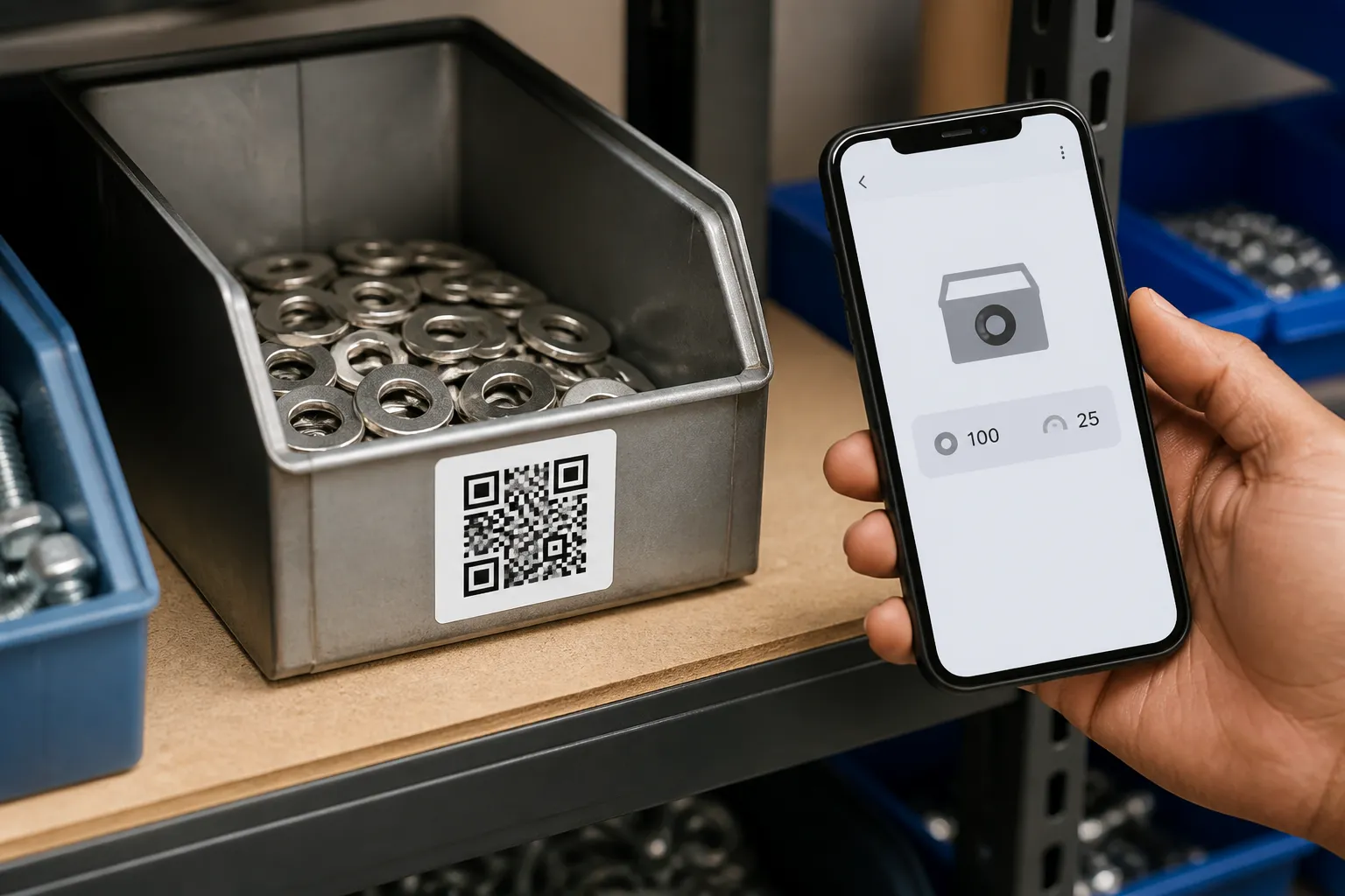 A metal parts bin with a printed QR label reading "Bin 14, M4 stainless-steel washers" beside a phone showing that plain text.