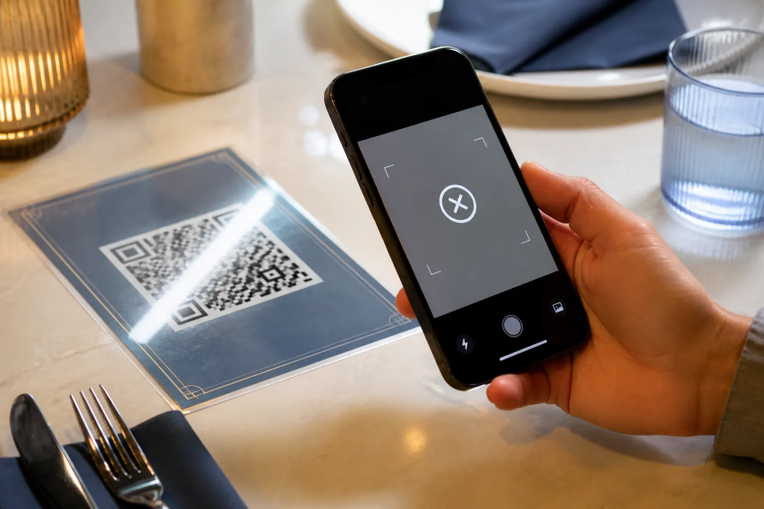 A glossy restaurant menu with a QR code catching glare from an overhead light.