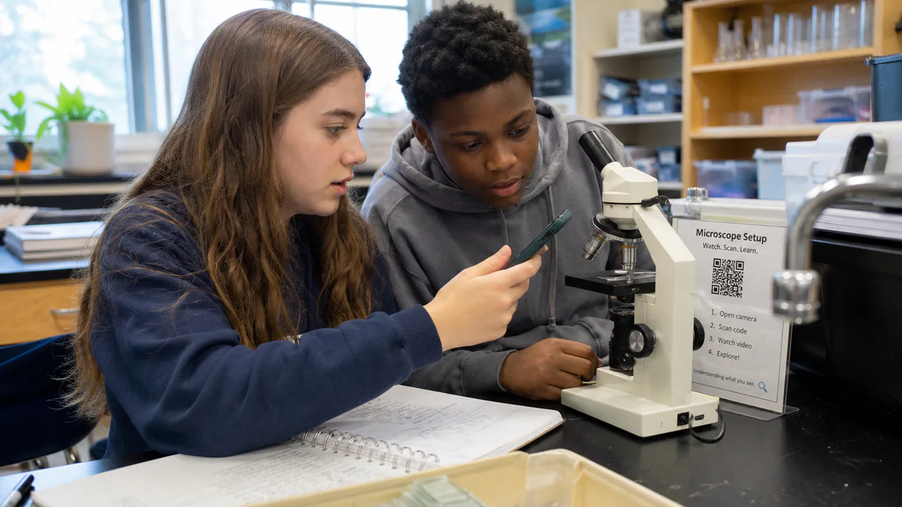 Two students use a QR instruction card while working with a microscope in a classroom laboratory.