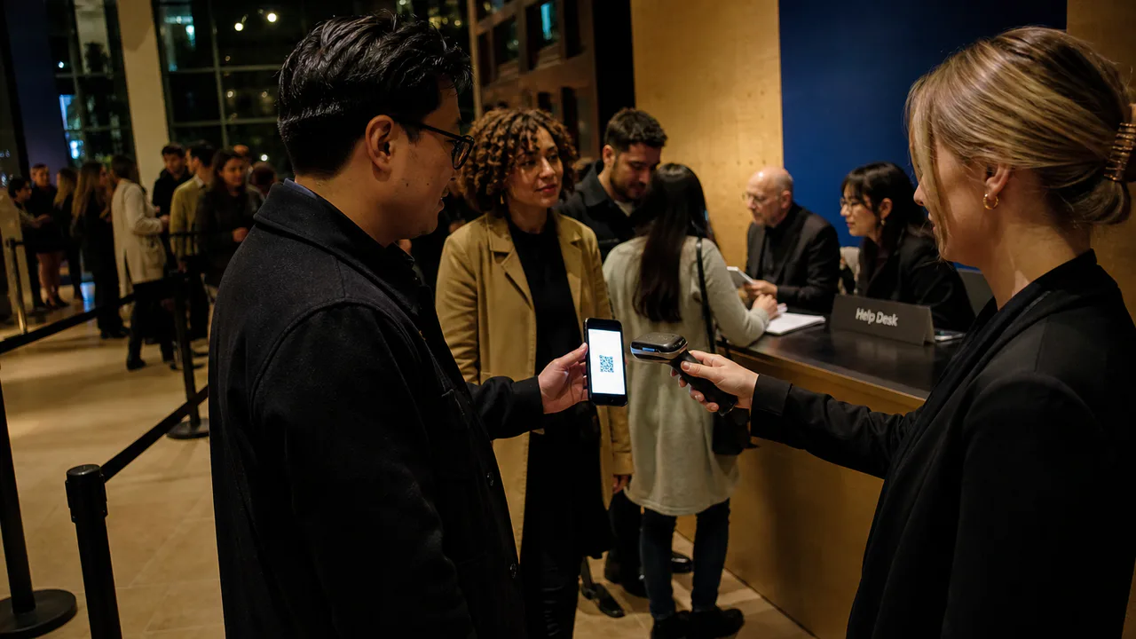 An event staff member scans an attendee's QR ticket while a staffed help desk assists other guests.