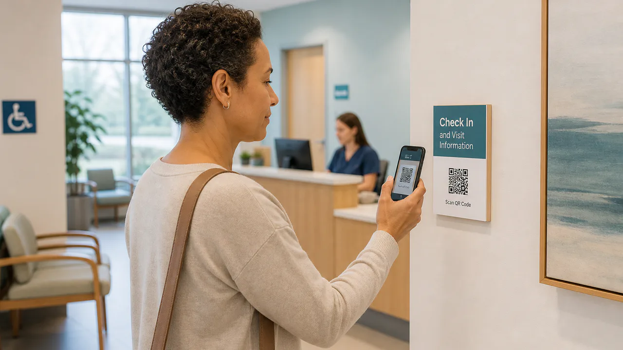 A patient scans a check-in and visit-information QR code near a clinic reception desk.