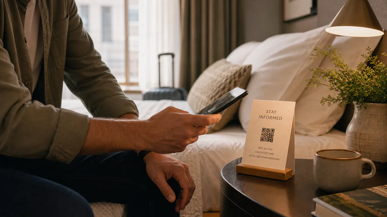 A hotel guest scans a QR information card beside the bed in warm morning light.