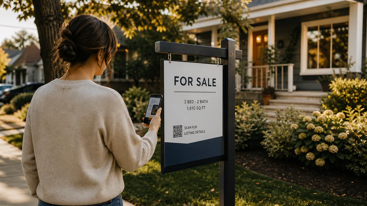 A prospective buyer scans a QR code on a for-sale sign outside a house.